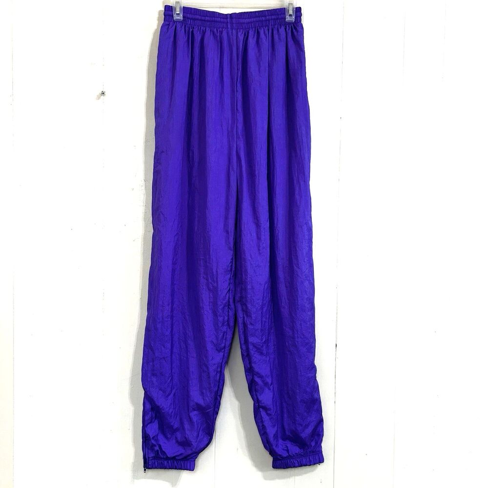 Vintage 90s First Run Track Pants Women's Size Large Purple Nylon Lined Hem Zip.